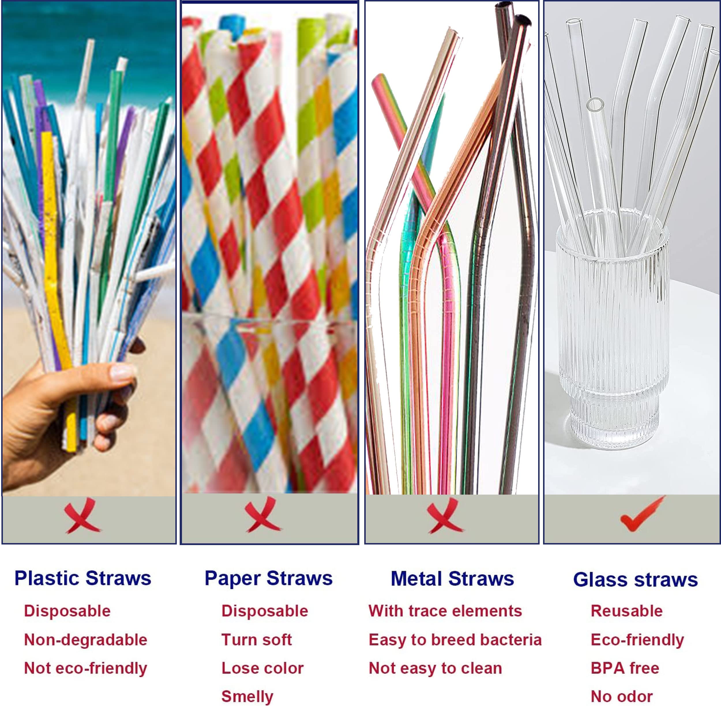 Glass Straw With Straw Cleaning Brush | 4 Glass Straws Transparent & 1 Cleaner | Clear Reusable Straw Glass, Elegant Alternate T